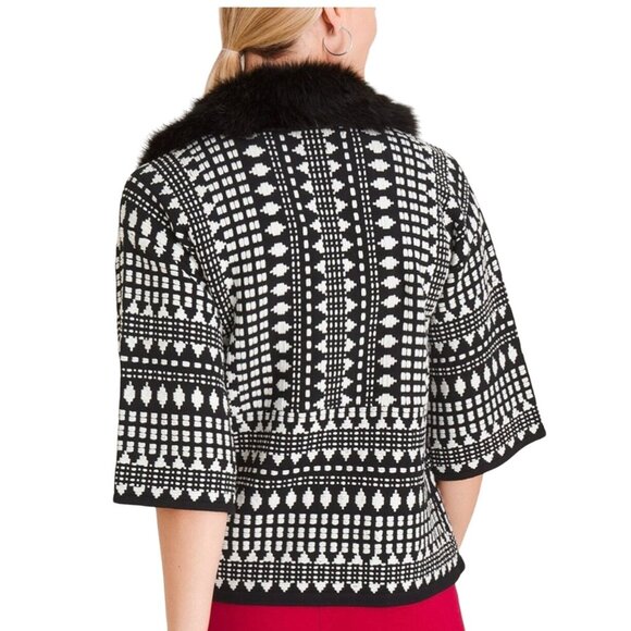 NWT Chico's Black & White Knit Cardigan Sweater Removable Faux Fur Collar XL - Picture 2 of 13